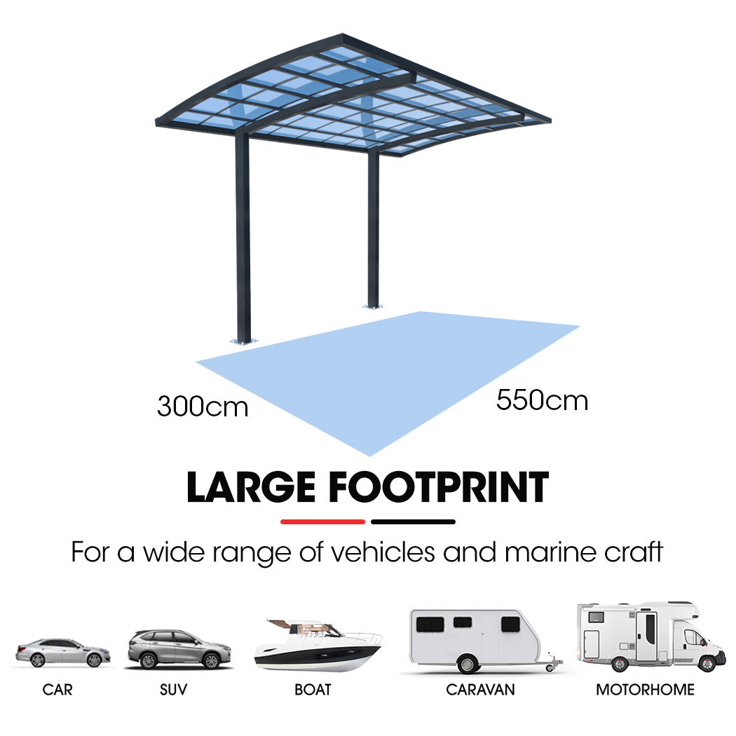 SHADE SHIELD Single Cantilever Carport 3.0m x 5.5m x 3.5m, Aluminium Alloy Frame, Polycarbonate Roof, Shelter for Car or Outdoor Living
