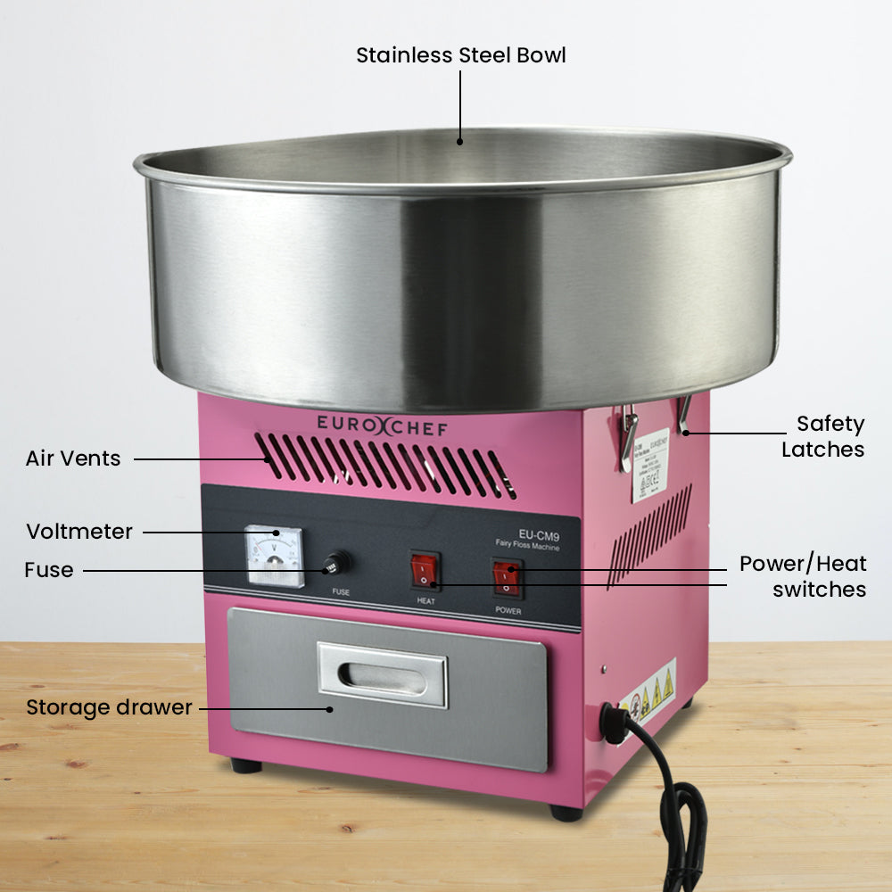 EUROCHEF cotton candy machine with stainless steel bowl, switches, and storage drawer