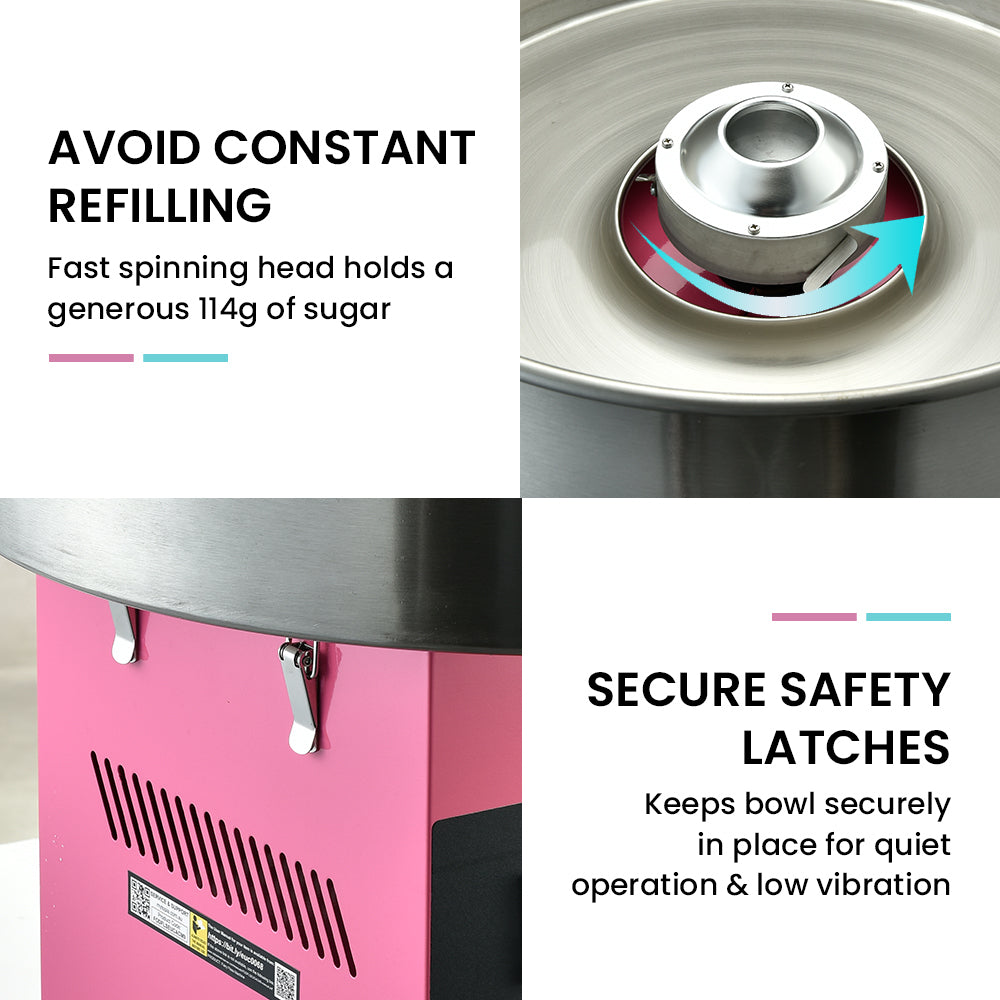 Cotton candy machine safety latches and stainless bowl spinning head