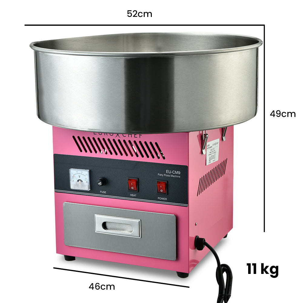 EUROCHEF cotton candy machine with stainless steel bowl, control panel, and power cord