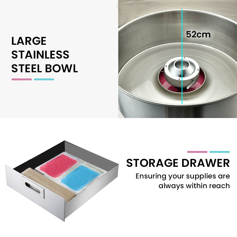 Large stainless steel cotton candy bowl with storage drawer