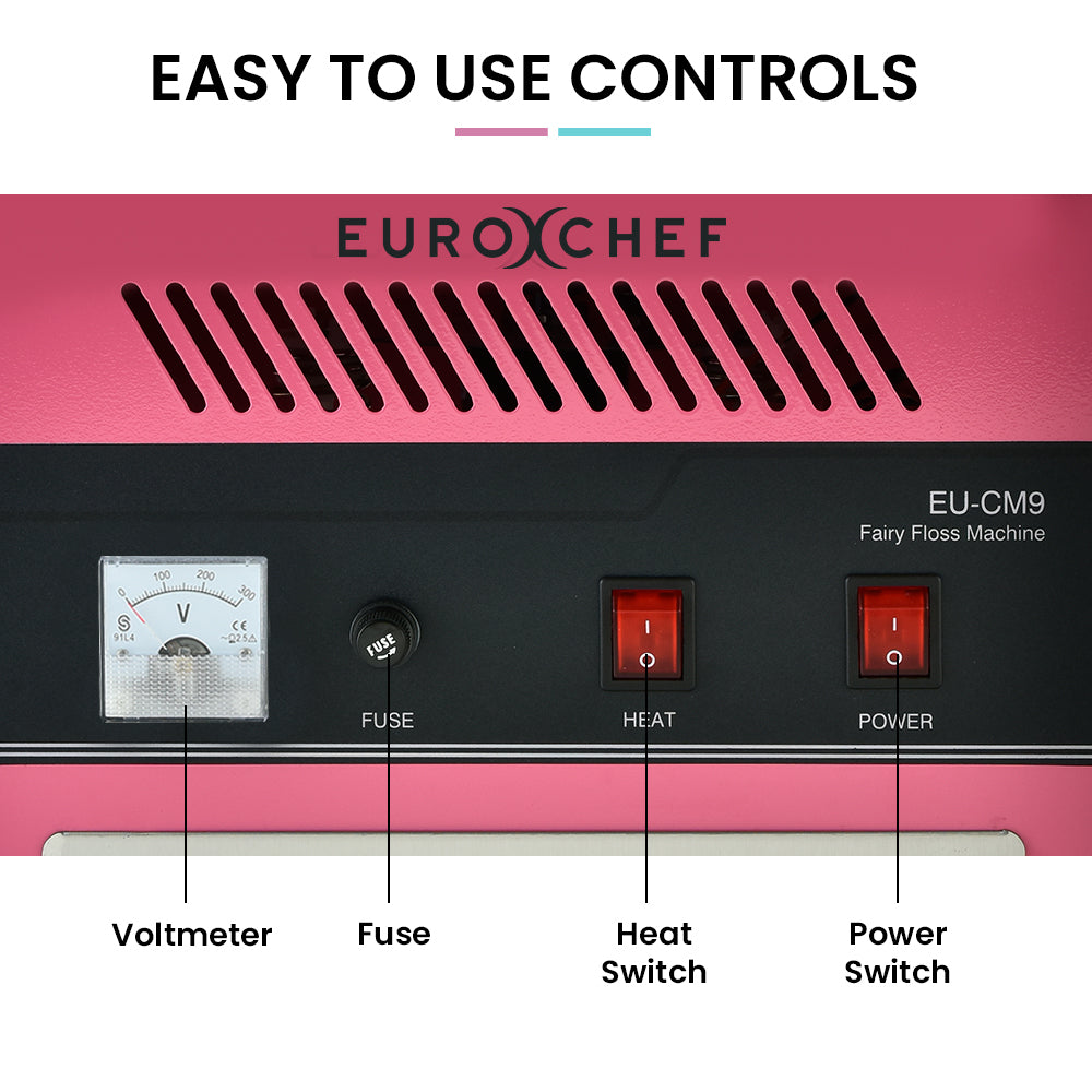 EUROCHEF cotton candy machine control panel with heat and power switches