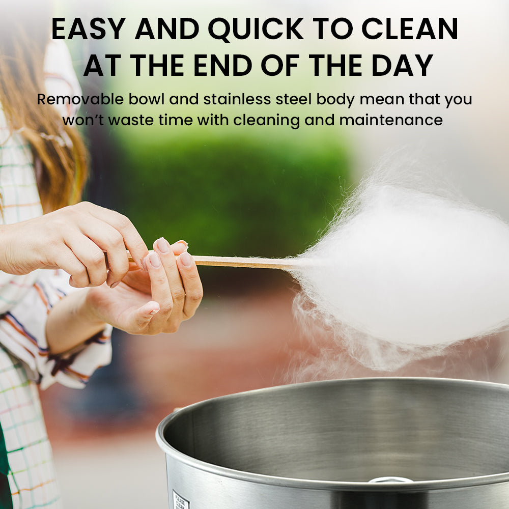 Cotton candy machine stainless bowl with white sugar floss, ready for cleaning