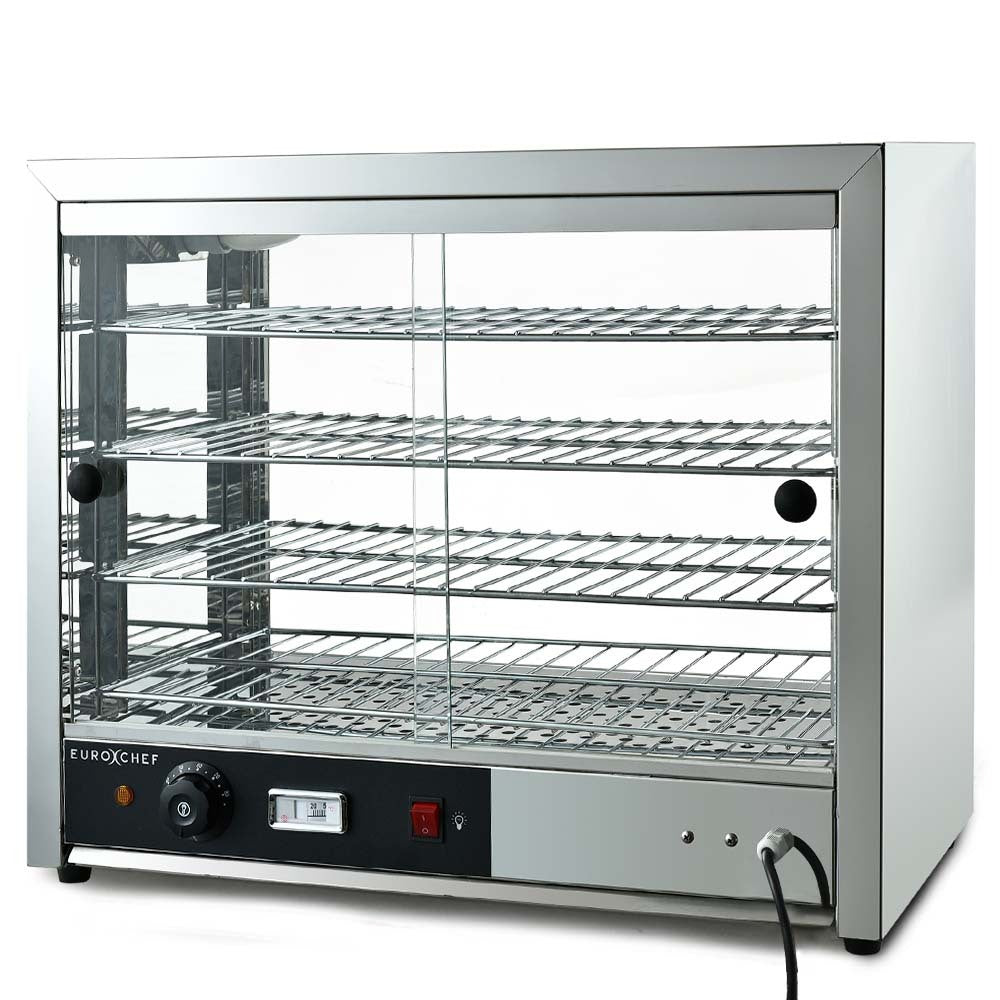 Electric food warmer with stainless cabinet and four-tier wire shelves behind glass