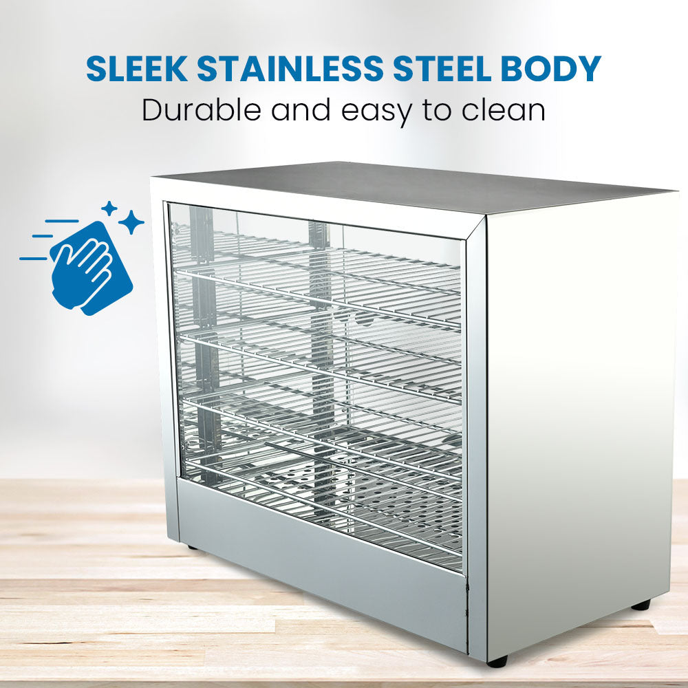 Stainless electric food warmer with glass front and four interior wire racks