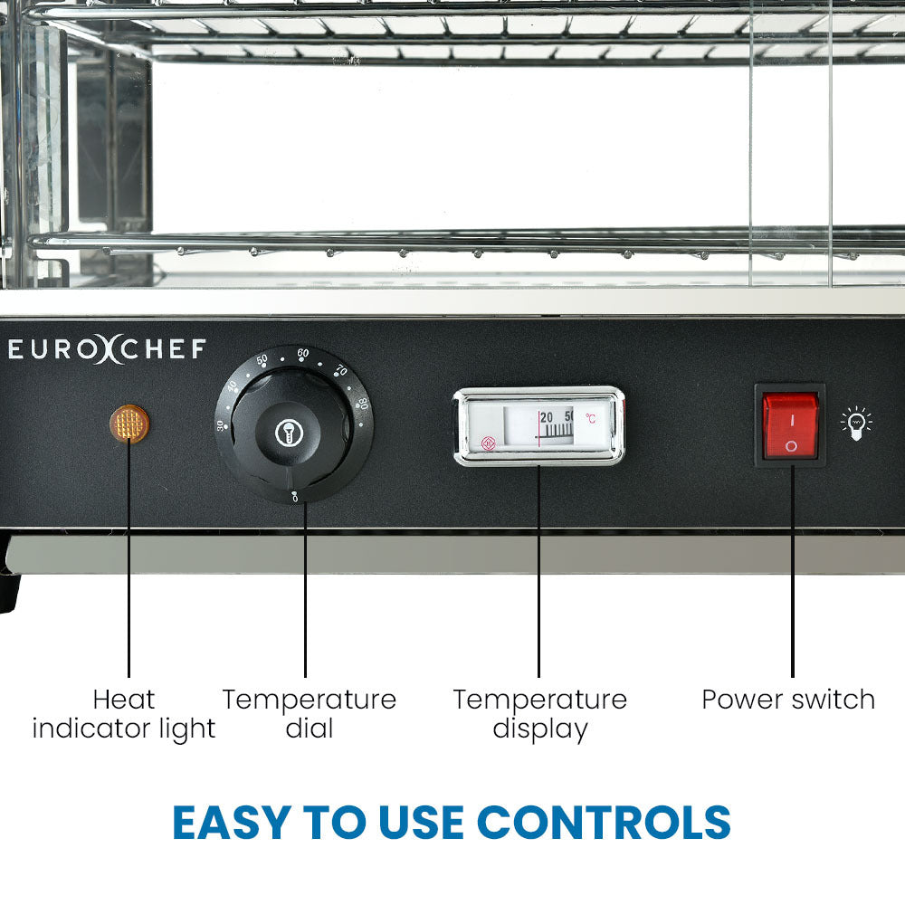 Electric food warmer front control panel with temperature dial, display, and switch