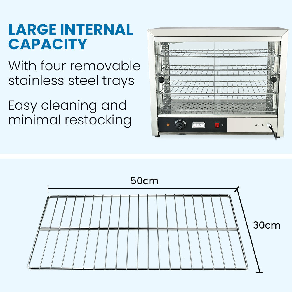 Electric food warmer with four removable stainless steel trays and size guide