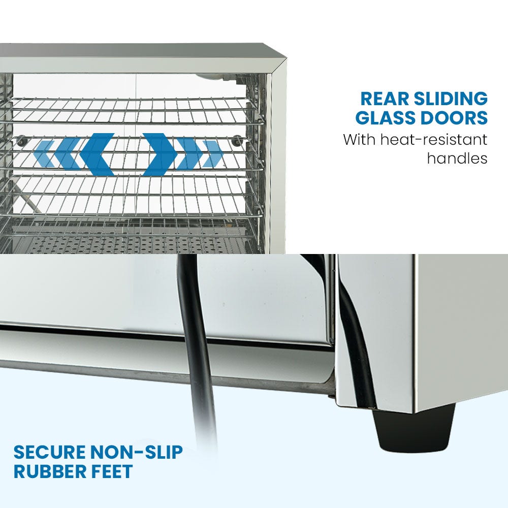 Electric food warmer with rear sliding glass doors and non-slip rubber feet