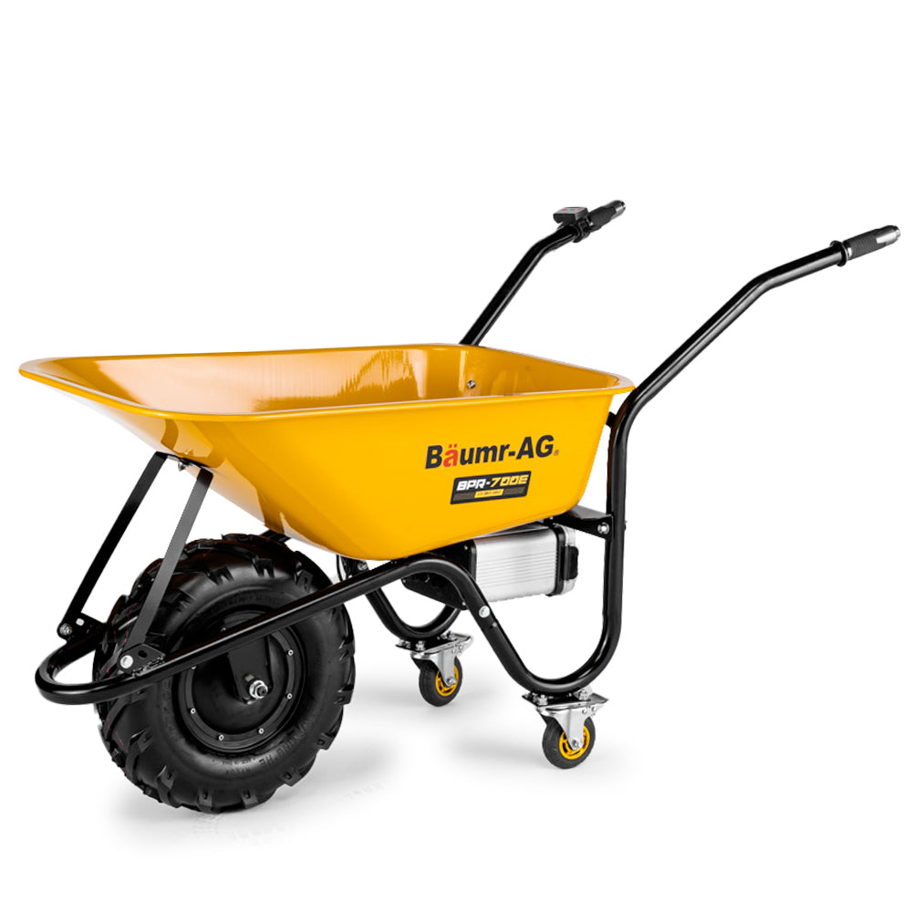 Motorized electric wheelbarrow with yellow bucket, black frame, and large pneumatic wheel