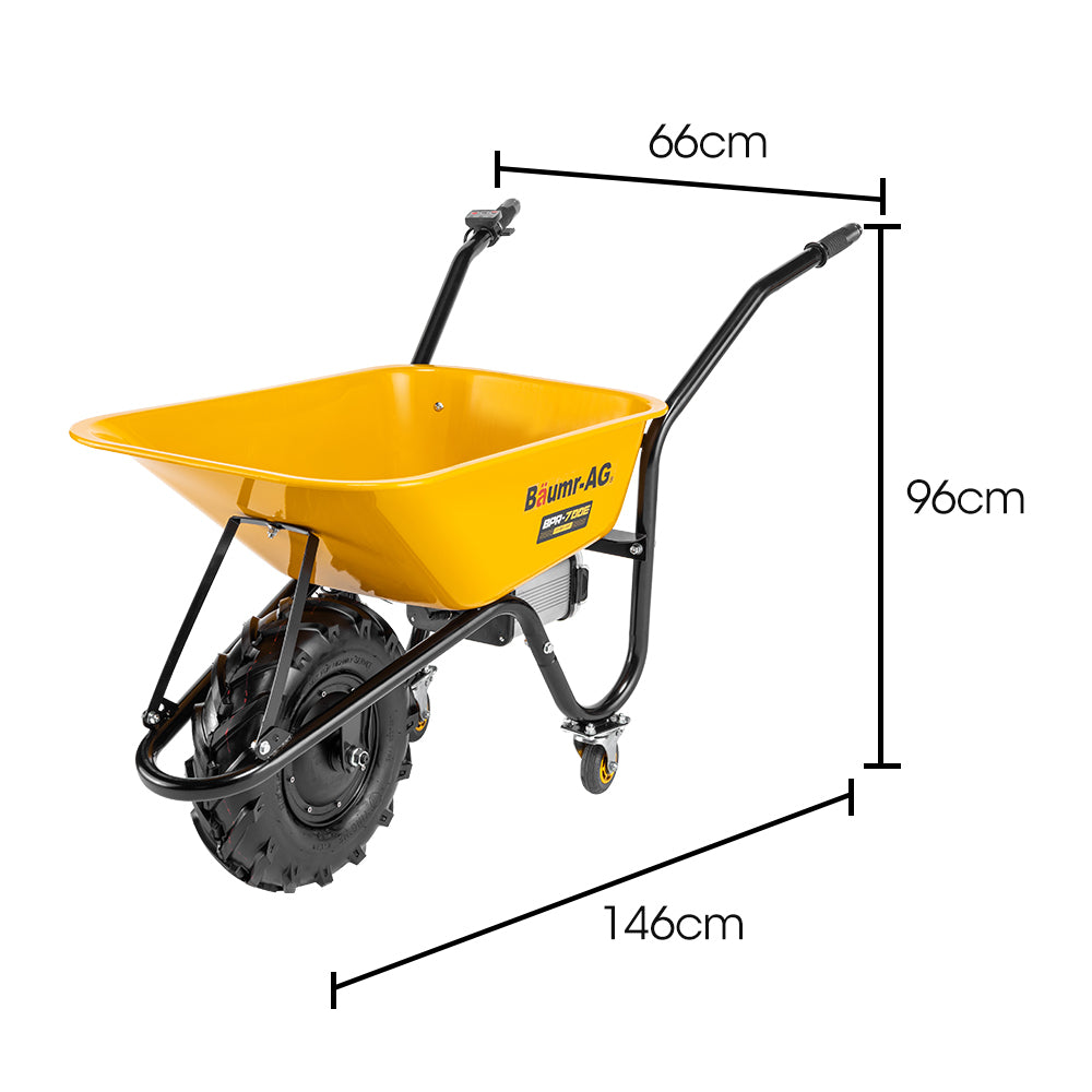Motorized electric wheelbarrow with yellow bin, black handle frame, and caster wheels