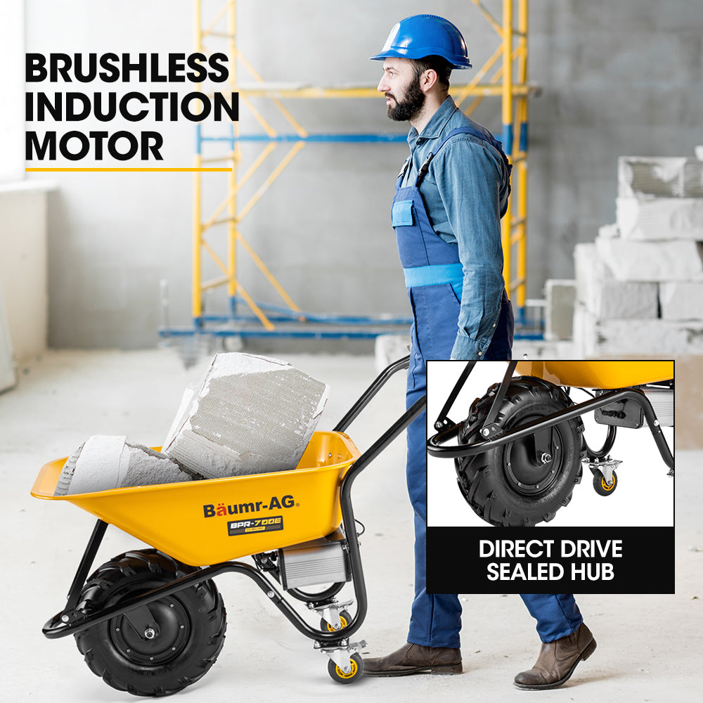 Motorized electric wheelbarrow with yellow bucket and black drive hub on large tires