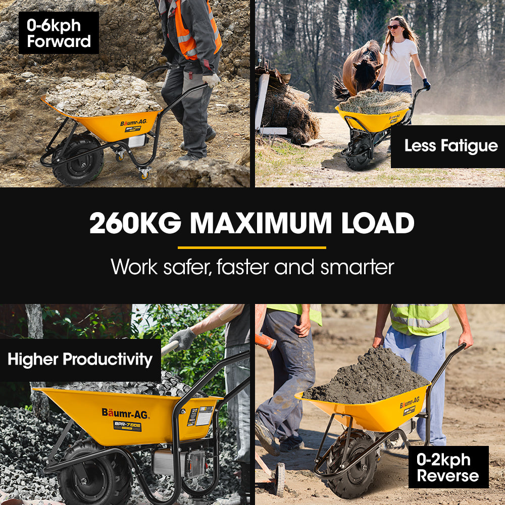 Motorized electric wheelbarrow carrying dirt in yellow bucket with black frame and wheels