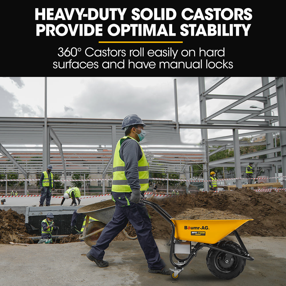 Motorized electric wheelbarrow with yellow bucket and heavy-duty caster wheels