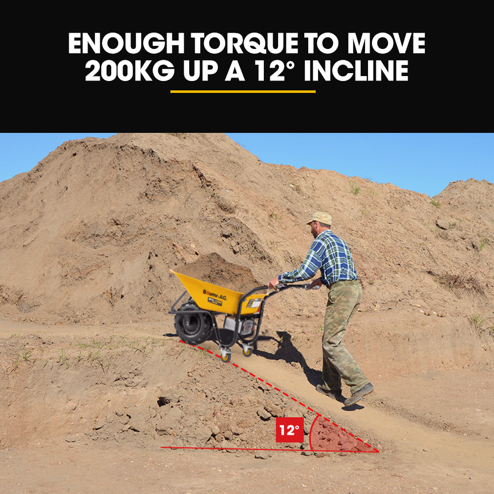Motorized electric wheelbarrow with yellow bucket and large tires on an incline