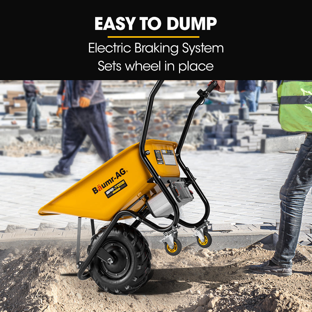 Motorized electric wheelbarrow with yellow bucket, handle controls, and front casters