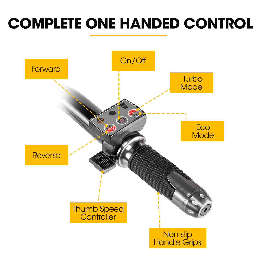 Electric wheelbarrow handle controller with thumb speed grip and grip text areas