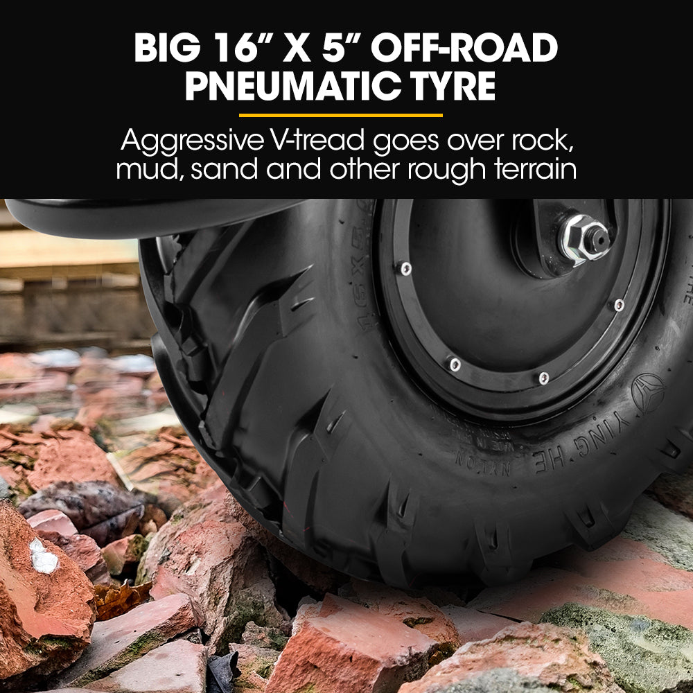16 x 5 off-road pneumatic tire with deep tread on motorized wheelbarrow