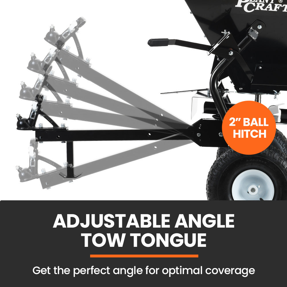 Tow-behind spreader hitch with adjustable angle tow tongue and front wheel