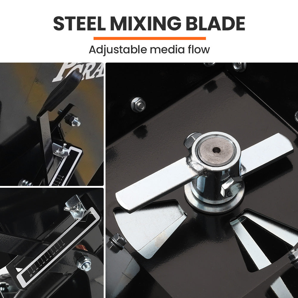 Steel mixing blade assembly inside hopper for adjustable media flow