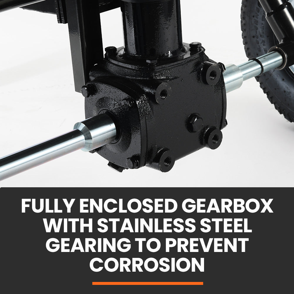 Fully enclosed gearbox with stainless steel gearing on the spreader tow frame