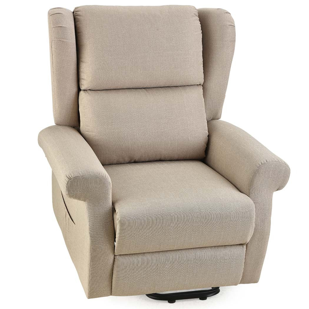 Beige fabric electric lift recliner chair with padded armrests and headrest