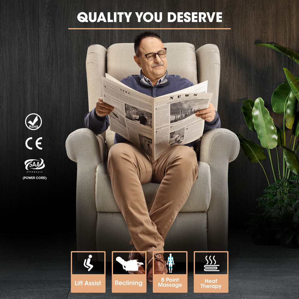Beige fabric electric lift recliner chair, upright with wide padded armrests