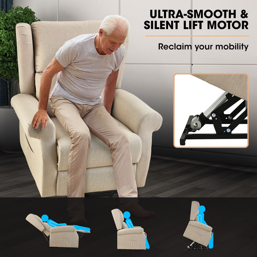 Beige fabric electric lift recliner chair with raised seat and supportive armrests