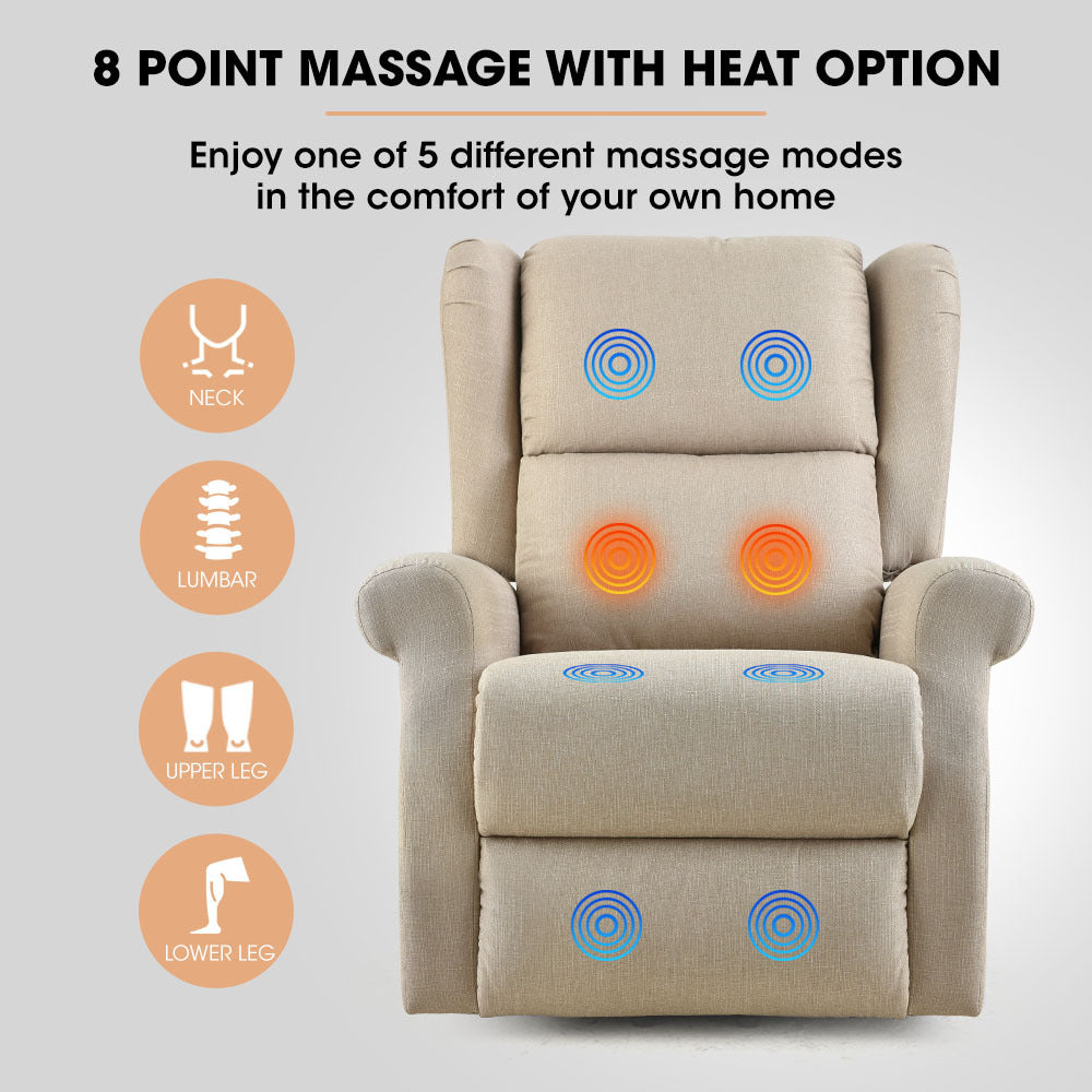 Beige fabric massage recliner chair with circular massage pads on back and seat