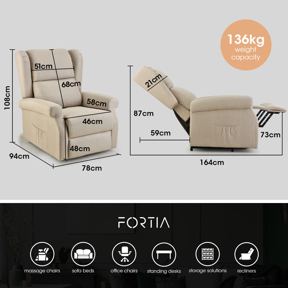Beige fabric electric recliner lift chair, side and front views