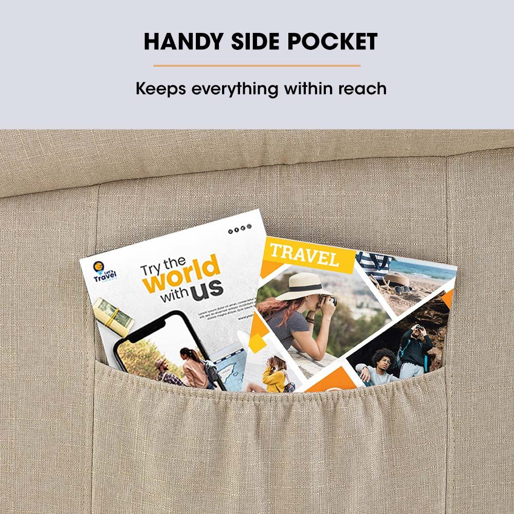 Beige fabric recliner chair with a handy side pocket for small items
