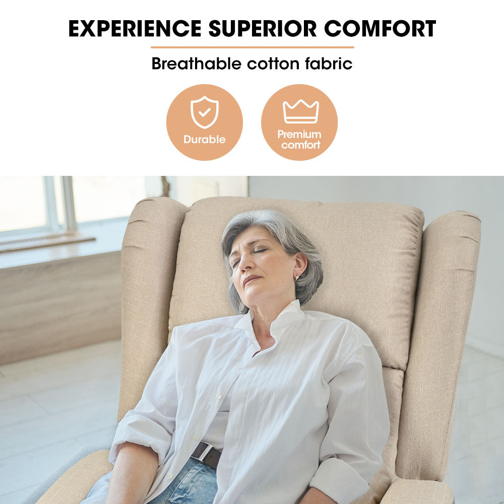 Beige fabric electric recliner chair with tall backrest and padded armrests