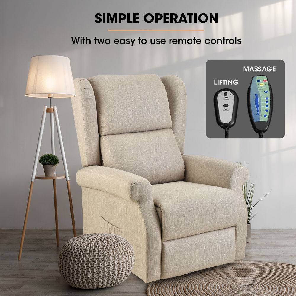 Beige fabric electric lift recliner chair with padded backrest and footrest base