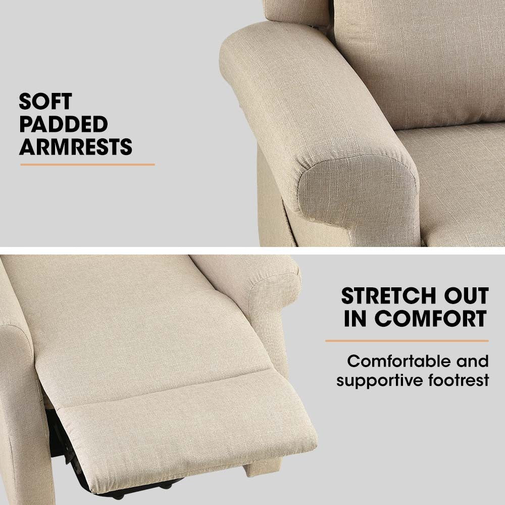 Beige fabric recliner chair with soft padded armrests and stretchable footrest
