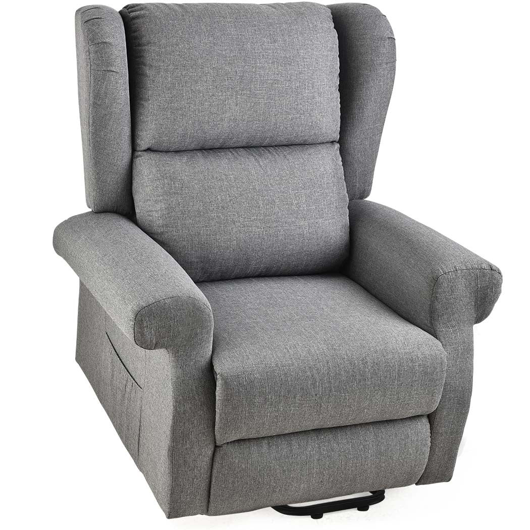 Grey recliner lift chair with tall padded backrest, cushioned arms, and fabric upholstery.