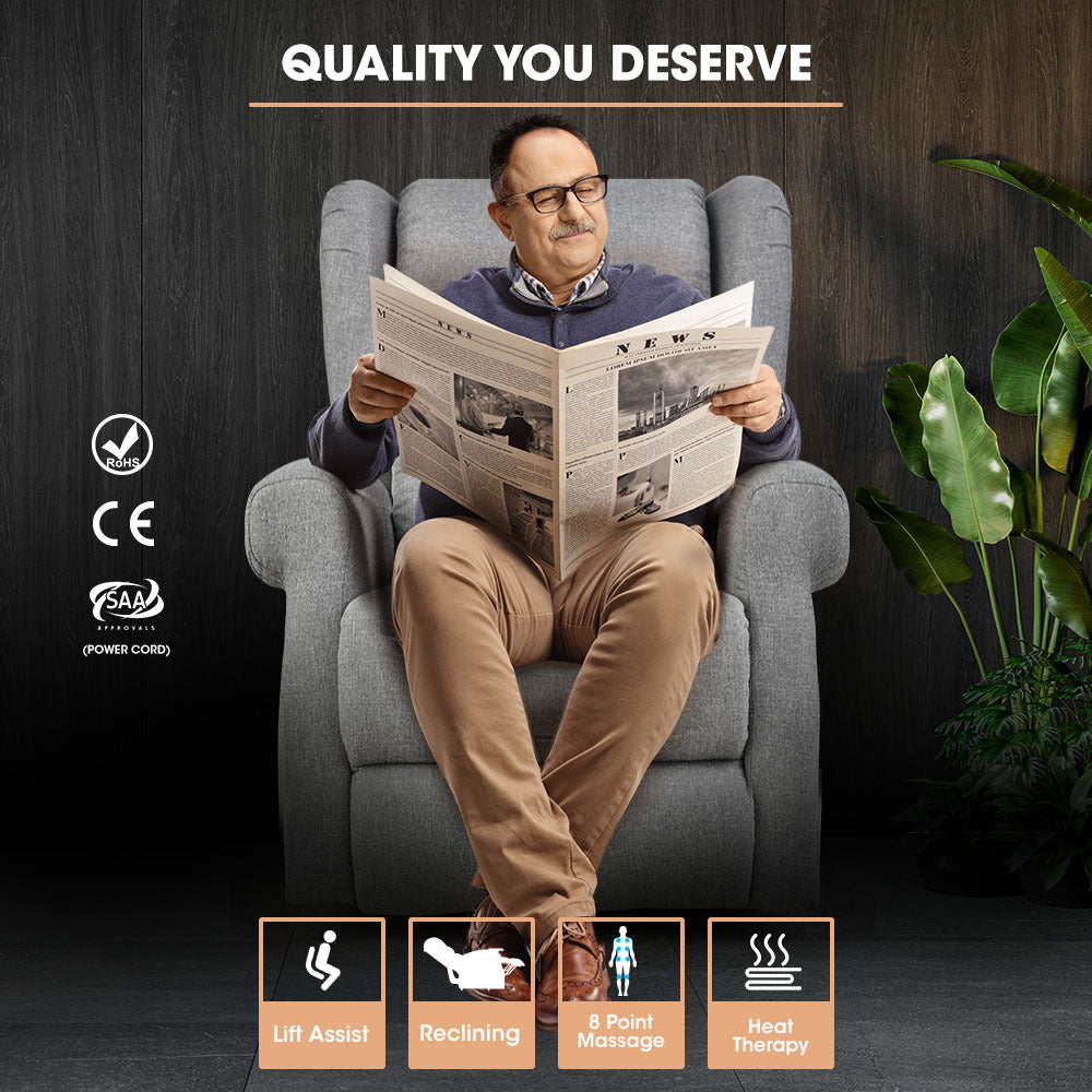 Grey recliner lift chair with wide padded back, thick seat, and recline design detail.