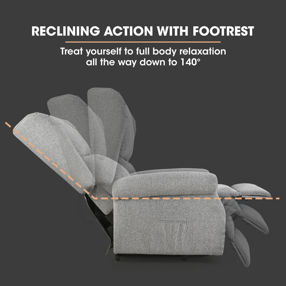 Grey recliner lift chair with extended footrest and reclined seat position, fabric upholstery.