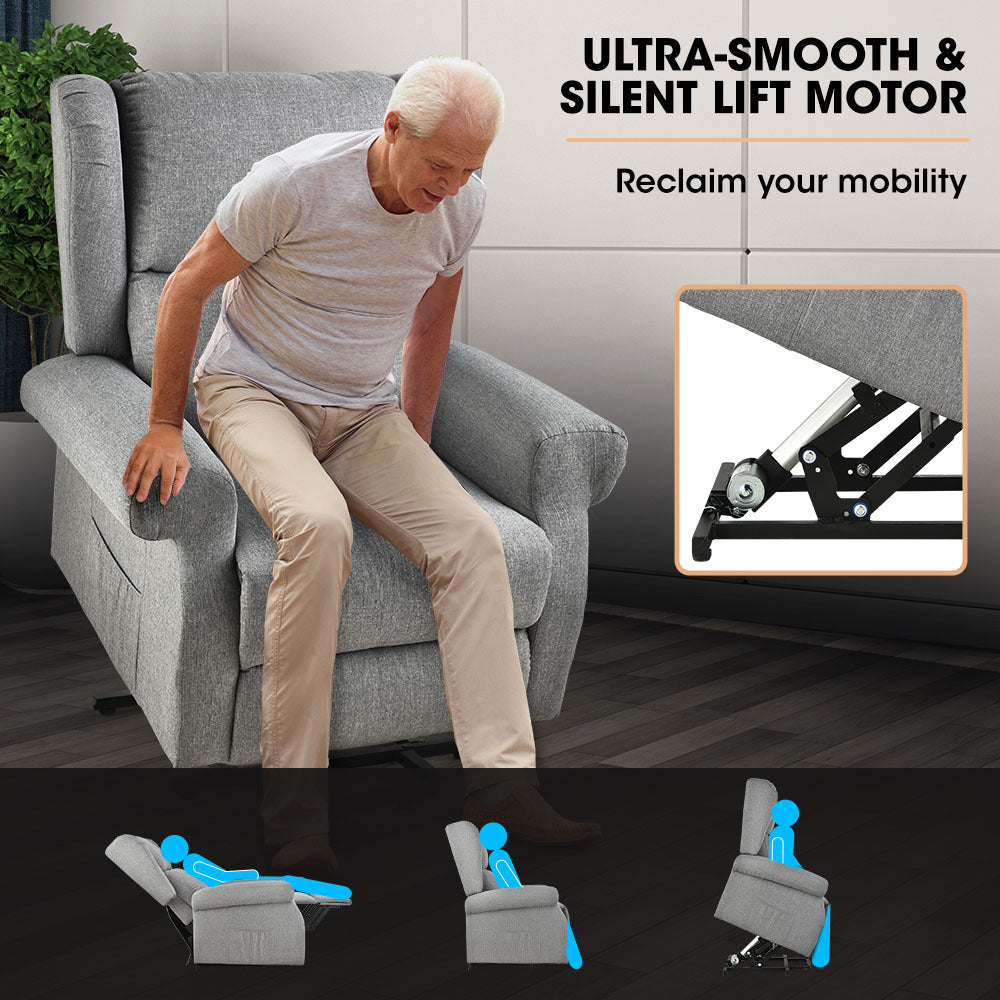 Grey electric recliner lift chair with padded backrest and supportive leg lift base.