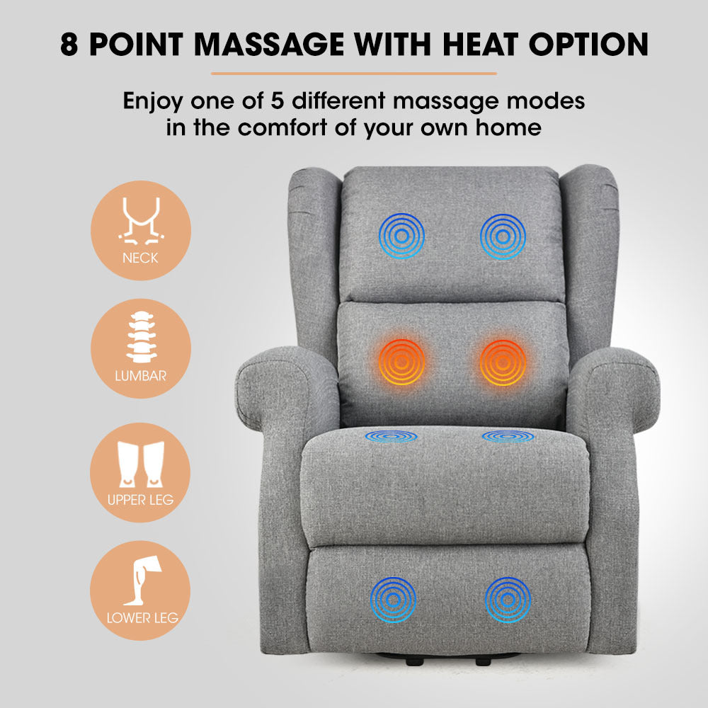 Grey recliner lift chair showing massage and heat zones across the seat and back.