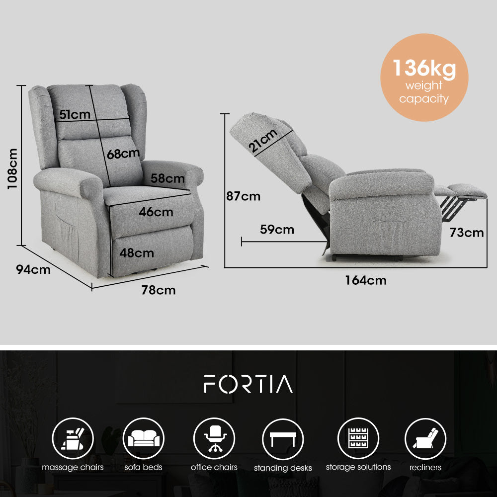 Grey recliner lift chair with lift mechanism, shown in seated and reclined size views.