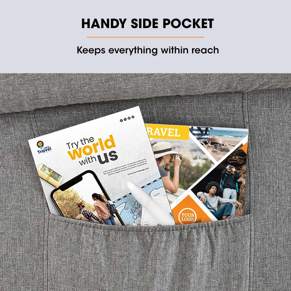 Grey recliner chair with side storage pocket, holding magazines inside the pouch.