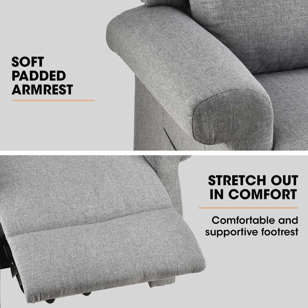 Grey recliner chair with soft padded armrest and comfort footrest support.