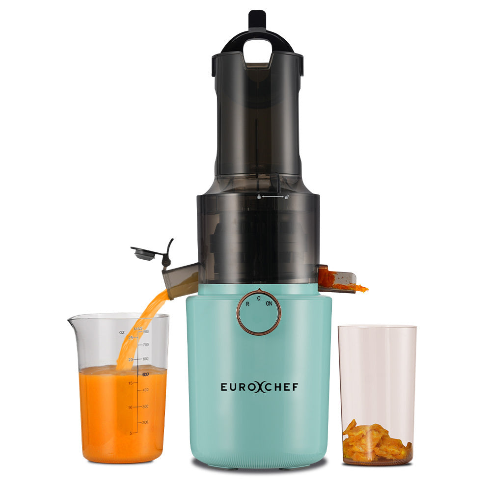 EUROCHEF cold press slow juicer in seafoam green with black top and large chute