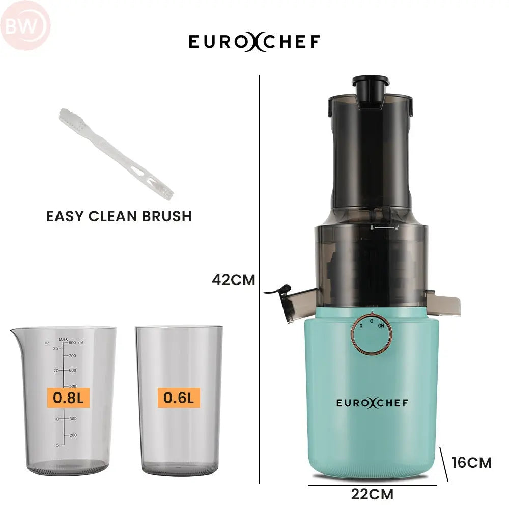 Seafoam green cold press juicer with black chute, dial control, and juice cups