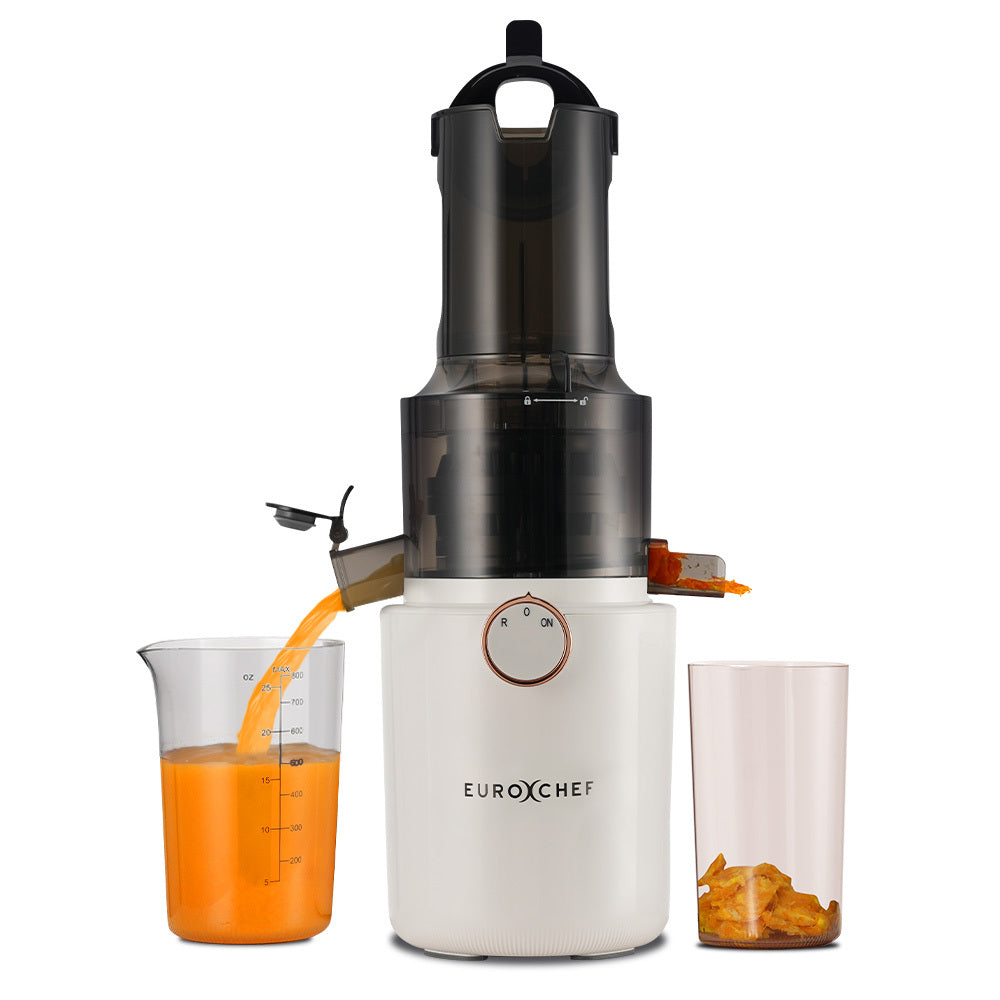 White cold press slow juicer with black top and orange juice cups