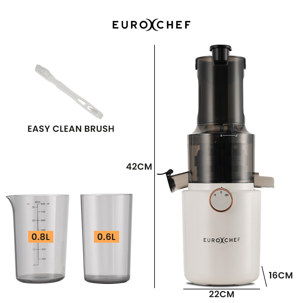 White cold press slow juicer with black hopper and shown measurement labels