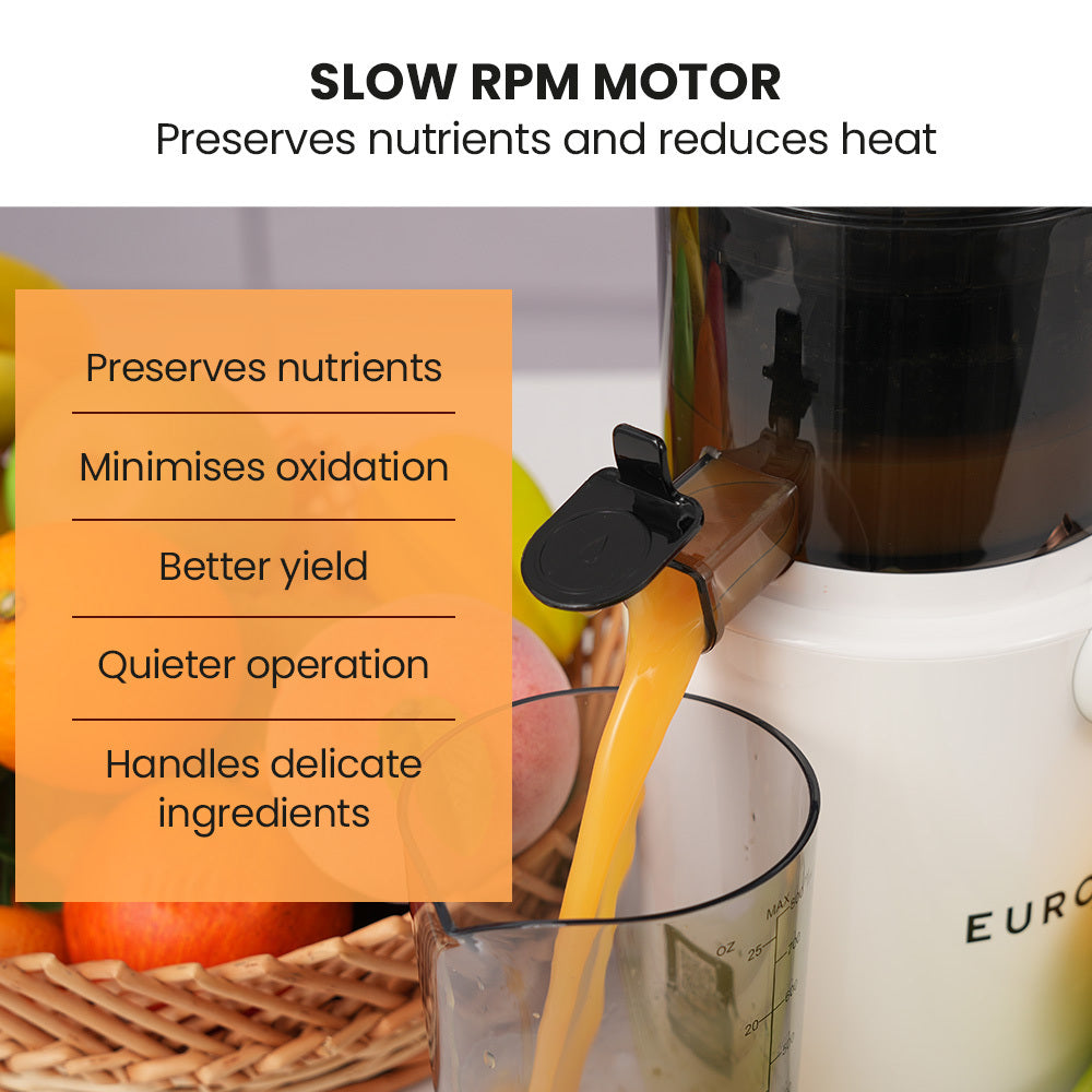 White cold press slow juicer with black hopper, juice pouring into a jug