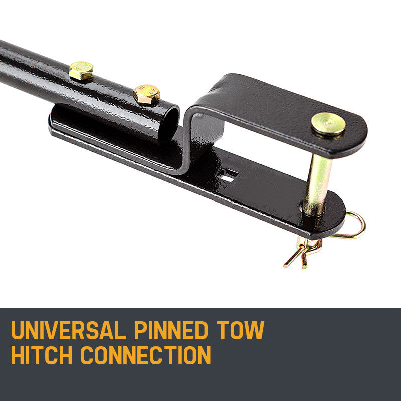 Universal pinned tow hitch connection bracket with black bar and two mounting plates