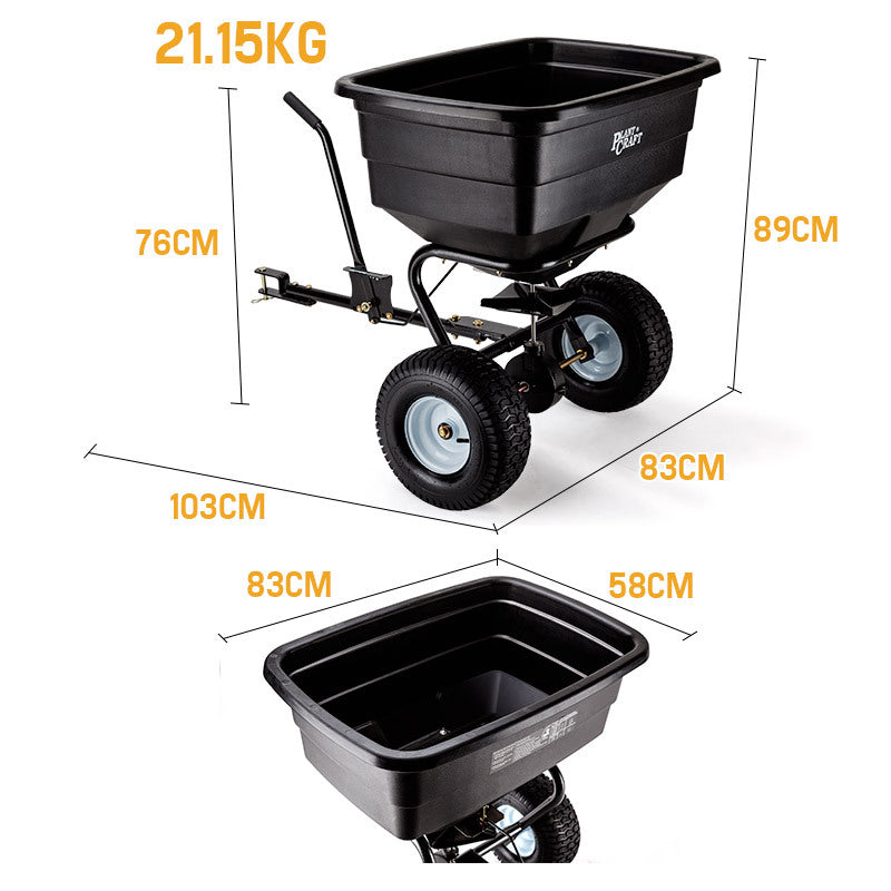 Tow-behind broadcast spreader with black hopper, dual wheels, and compact frame dimensions