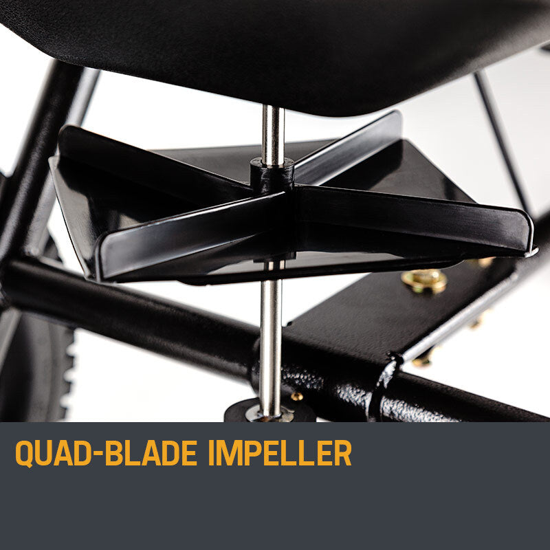 Quad-blade impeller inside black spreader housing beneath the hopper