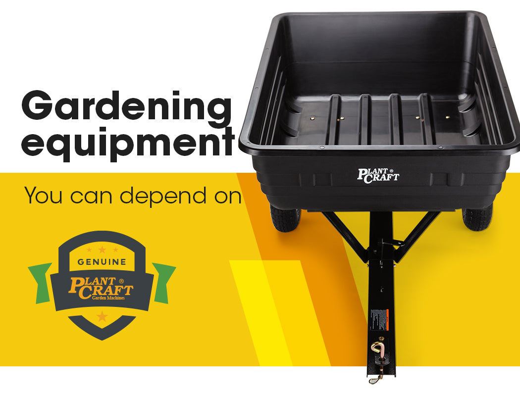 Black poly dump cart with deep tray and wheels on tow frame
